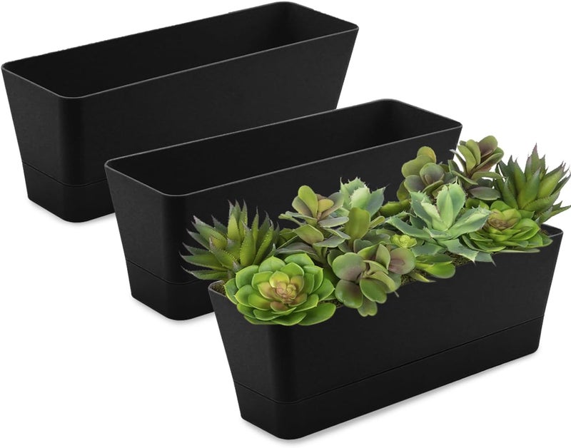 Lainrrew 3 Pack Window Box Planters, 12 Inches Rectangular Planter Plastic Flower Box Plant Pots Plant Containers with Tray for Balcony, Windowsill, Garden, Home Office Outdoor Decoration (Black) - Image 1